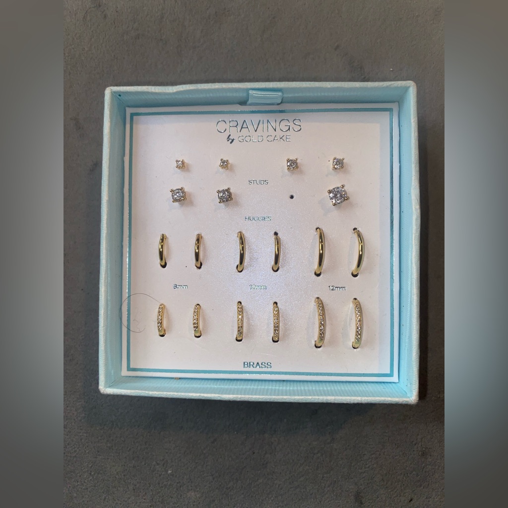 Bnib Cravings By Gold Cake. Brass W/Gold Plated Studs& Huggies Set Of10 Earrings